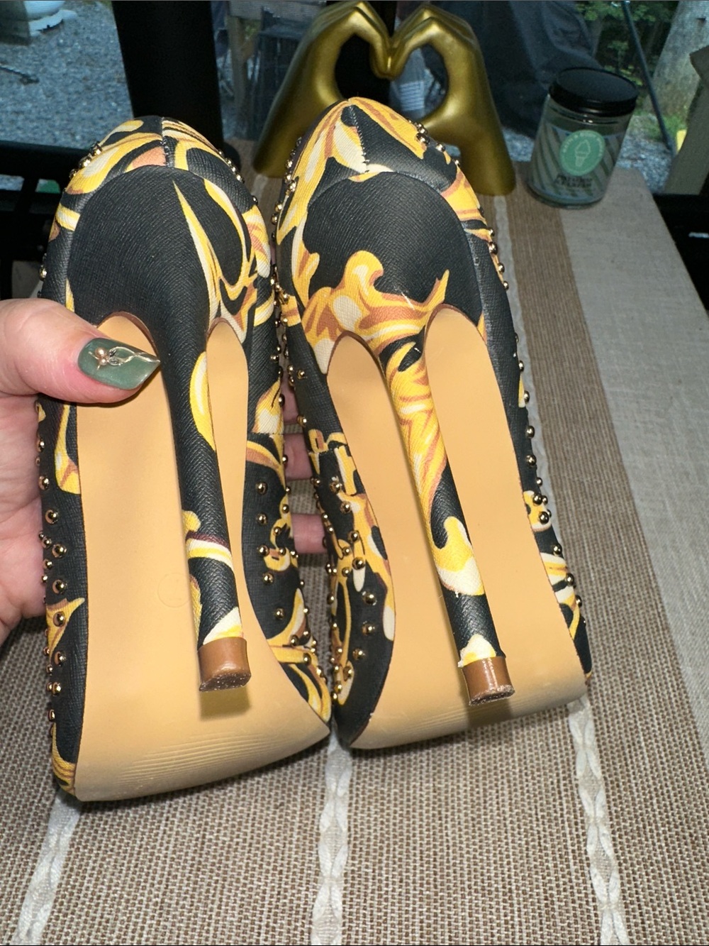 Liliana Black & Yellow Floral Studded Pointed Toe Pumps - Picture 4 of 7